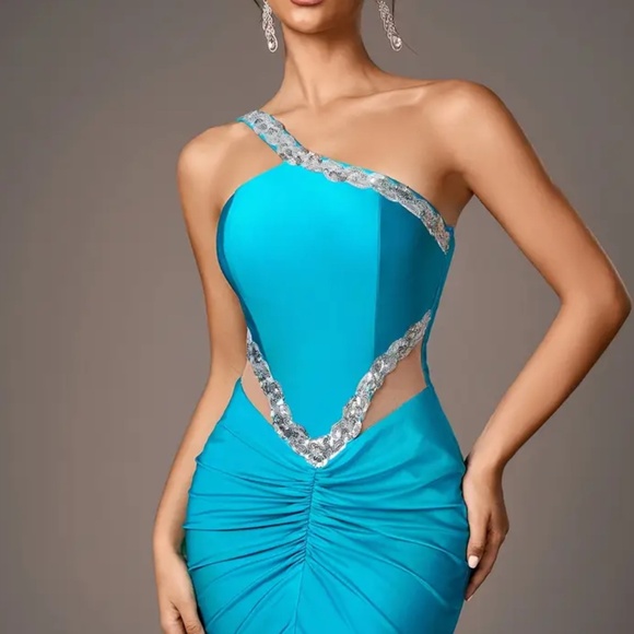 Elegant Turquoise One-Shoulder Evening Dress New ✨ - Picture 6 of 7